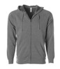 A grey unisex zip-up hoodie featuring a hood and front pockets, with a logo on the label.