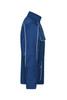 A blue softshell jacket with a side view, featuring contrasting white piping and a small pocket.