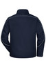 A navy softshell jacket with white piping, featuring a collar and long sleeves. Includes a logo on the back.
