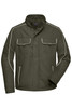 A green softshell jacket with white piping, featuring two front pockets and a collared neckline. It has a logo on it.