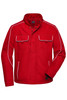 A red softshell jacket with white piping, featuring two front pockets and a zip closure, including a collar and branding.