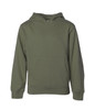 A basic boys' hooded sweatshirt in olive green, featuring a front pocket. It includes a hood and long sleeves.