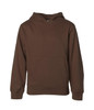 A brown hooded sweatshirt with a front pocket and a hood. It features a logo on the front.