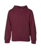 A burgundy hooded sweatshirt with a front pocket and a branding logo.