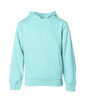 A mint green hooded sweatshirt with a front pocket and long sleeves, featuring a logo on the front.
