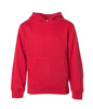 A red hooded sweatshirt featuring a front pocket and a hood, suitable for boys. It has a logo on the front.