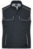 A dark grey padded vest with white piping, featuring two chest pockets and two side pockets. It has a logo.