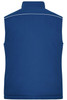 A blue softshell padded vest with a high collar and a white trim at the back. It features a branding logo.