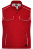 A red softshell padded vest with two chest pockets and contrasting white piping, featuring a logo label.