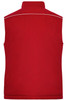 A red softshell padded vest with a high collar and white piping detail, featuring a logo.