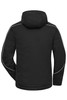 A black softshell padded jacket with a hood, featuring contrasting white piping along the seams and a logo.