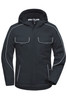 A padded workwear softshell jacket in dark grey with white trim and multiple pockets, featuring a hood and a logo.