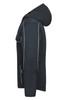 A black softshell padded jacket with a hood, featuring contrasting grey stitching and a logo.