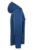 A blue softshell padded jacket with a hood, featuring contrasting piping and a logo on the sleeve.