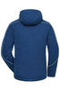 A blue softshell padded jacket with a hood and reflective piping on the shoulders, featuring a logo.