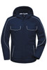 A navy softshell padded jacket featuring a hood and multiple pockets, with contrasting white piping details.