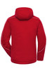 A red softshell padded jacket with a hood and white detailing on the back. It features a logo on the upper section.