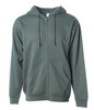 A midweight zip hood in dark green with a front zipper, drawstring hood, and pockets. It has a logo on the label.