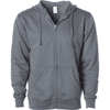 A grey midweight zip hooded sweatshirt featuring a front zipper and two pockets. It has a logo on the chest.