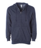 A navy midweight zip hooded sweatshirt featuring a front zipper and kangaroo pockets, with a logo present.