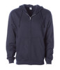 A navy midweight zip hoodie with a front pocket and drawstring hood. It features a logo on the chest.