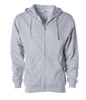A grey midweight zip hoodie with a drawstring hood and front pockets. It features a logo on the front.
