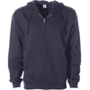 A navy midweight zip hood with a front zipper and kangaroo pockets, featuring a logo on the chest area.