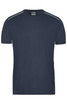 A navy blue men's workwear T-shirt featuring a simple design and shoulder detailing, with a logo on the side.