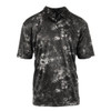 A black and grey tie-dye golf polo with a collar and short sleeves, featuring a logo.