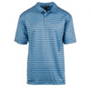 A blue striped golf polo featuring a collared neckline and short sleeves, with a logo on the collar.