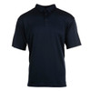 A navy polo shirt with short sleeves and a collar, featuring a button placket and a logo.