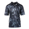 A polo shirt in a tie-dye pattern featuring dark grey and light grey colours, with a collar and short sleeves.