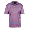 A striped golf polo in shades of purple and blue, featuring a collar and short sleeves. It has a logo on the collar.