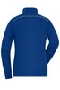 A ladies workwear sweat-jacket in bright blue with a high collar and a subtle reflective detail on the back.