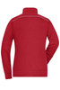 A red ladies' sweat jacket featuring a high collar and a plain design, with a logo on the back.