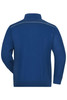 A blue men's workwear sweat-jacket featuring a high collar and a simple design on the back, with a logo.