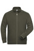 A men's workwear sweat jacket in olive green with a zip front and stand-up collar. It features a logo.