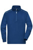 A blue half-zip sweatshirt with a collar and light stitching details, featuring long sleeves and a logo.