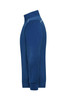 A blue half-zip sweat jumper with a high collar and ribbed cuffs, featuring a logo.