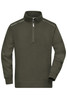 A half-zip sweatshirt in olive green featuring long sleeves and a high collar, with a logo on the chest.