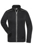 A black polar fleece jacket with a zip front, high collar, and white piping, featuring a logo on the hem.