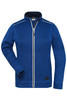 A blue fleece jacket with a zip front, featuring a high collar and a logo on the hem.
