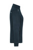 A navy blue ladies knit workwear fleece jacket with a zip pocket and a high collar. It has a branding logo.