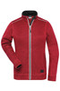 A red fleece jacket with a zip front, high collar, and a logo on the side. Features contrasting stitching.