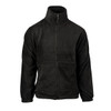 A black full zip polar fleece jacket featuring a high collar and two side pockets. It has a branding logo.