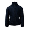 A full zip polar fleece jacket in navy blue with a high collar and side pockets. It features a logo on the design.