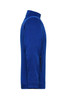 A men's knit workwear fleece jacket in blue with a high collar and zippered pockets, featuring a logo.