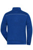A blue men's knit workwear fleece jacket featuring a high collar and a logo. The back has a contrasting seam detail.
