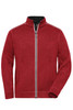A red knit fleece jacket featuring a zip front and contrast stitching, with a collar and pockets. It has a logo.