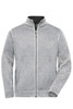 A grey polar fleece jacket with a zip front, featuring a collar and side pockets. It has a logo on it.
